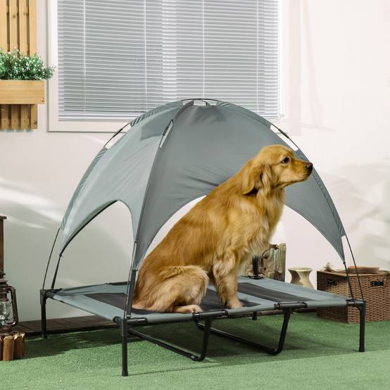 Lit de camp surélevé chien métal tissu pour extérieur avec parasol anti-UV 122cm gris - ComfortXL Outdoor Living - Image 4