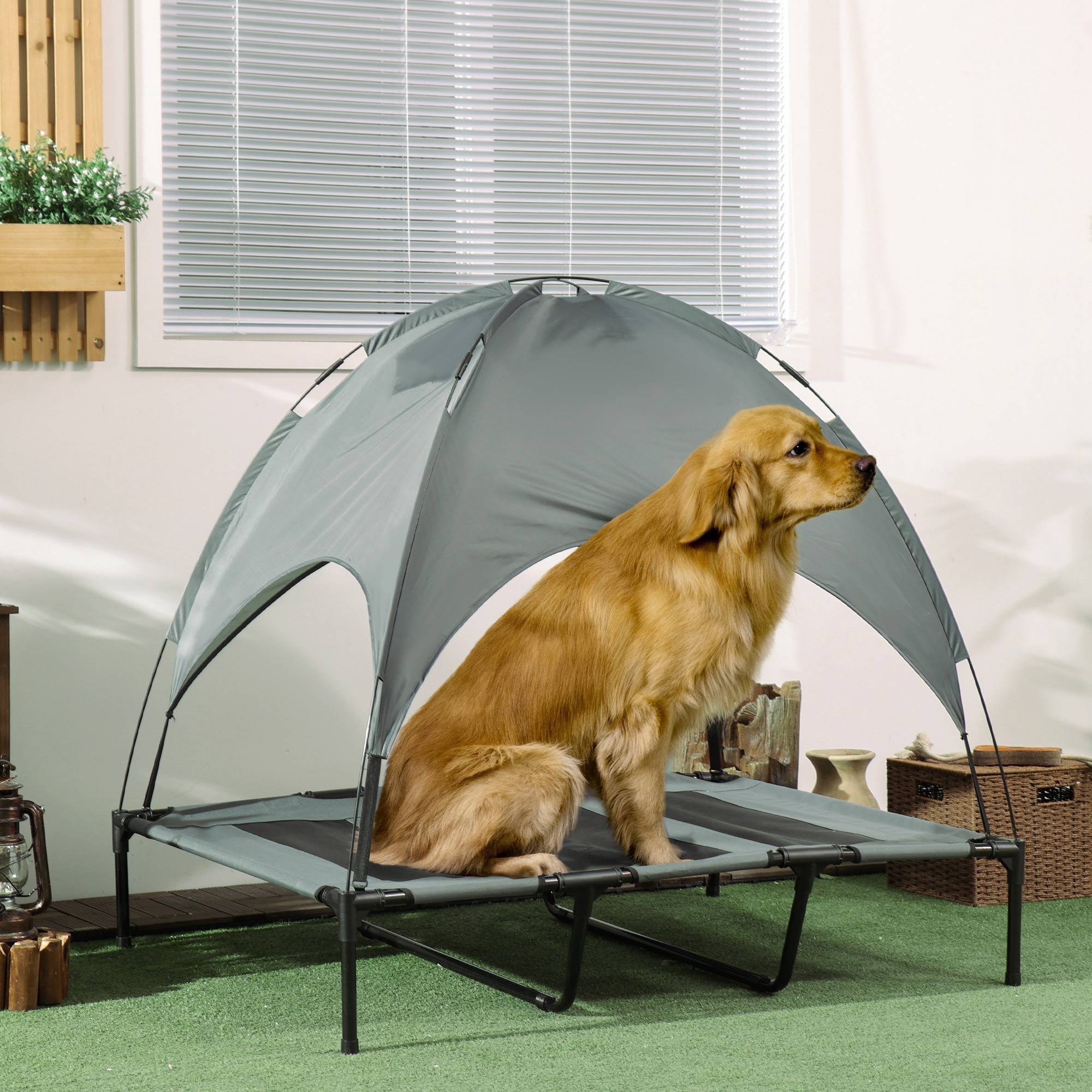 Lit de camp surélevé chien métal tissu pour extérieur avec parasol anti-UV 122cm gris - ComfortXL Outdoor Living - Image 4