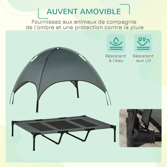 Lit de camp surélevé chien métal tissu pour extérieur avec parasol anti-UV 122cm gris - ComfortXL Outdoor Living - Image 7