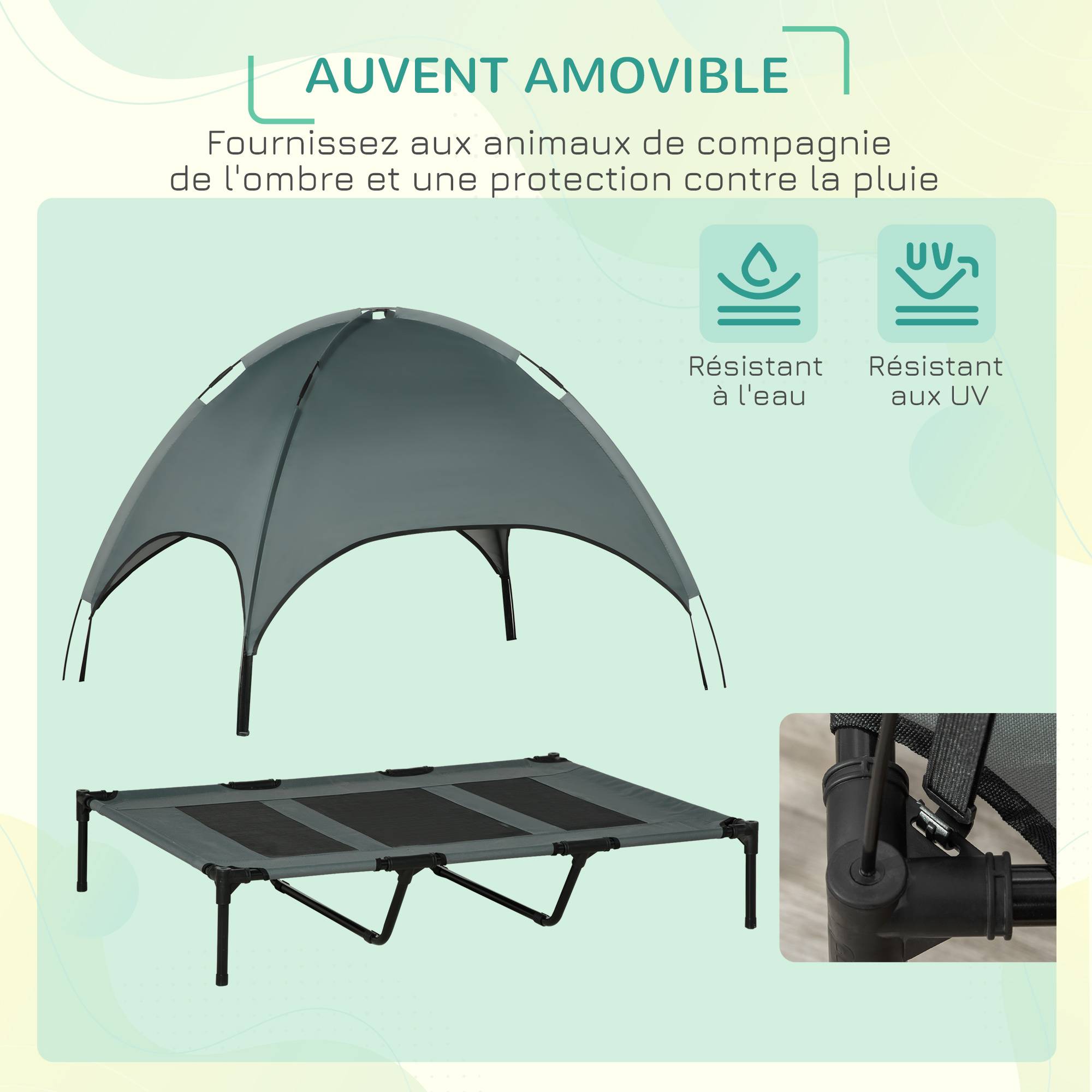 Lit de camp surélevé chien métal tissu pour extérieur avec parasol anti-UV 122cm gris - ComfortXL Outdoor Living - Image 7
