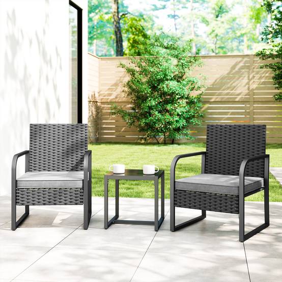Petit Salon de Jardin Balcon Résine Tressée 2 Fauteuils Table Verre Gris Foncé Noir - ComfortXL Outdoor Living - Image 3