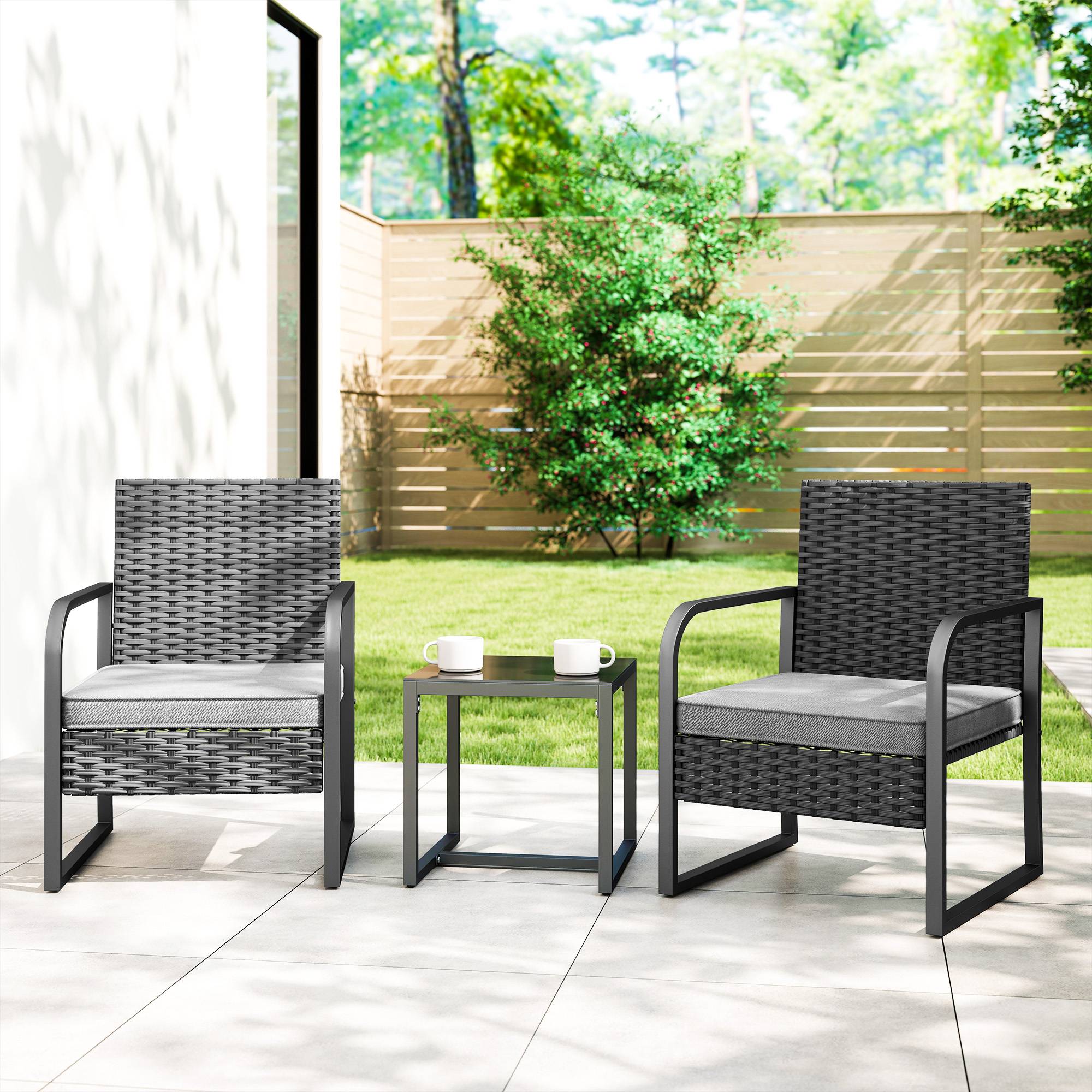 Petit Salon de Jardin Balcon Résine Tressée 2 Fauteuils Table Verre Gris Foncé Noir - ComfortXL Outdoor Living - Image 3