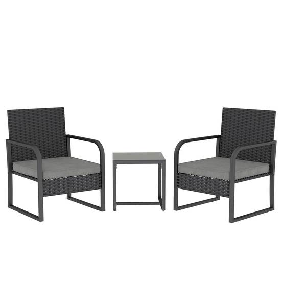 Petit Salon de Jardin Balcon Résine Tressée 2 Fauteuils Table Verre Gris Foncé Noir - ComfortXL Outdoor Living - Image 1