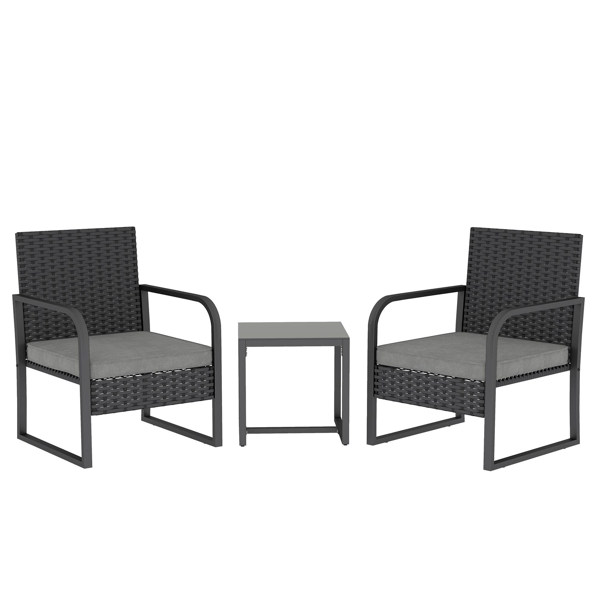 Petit Salon de Jardin Balcon Résine Tressée 2 Fauteuils Table Verre Gris Foncé Noir - ComfortXL Outdoor Living