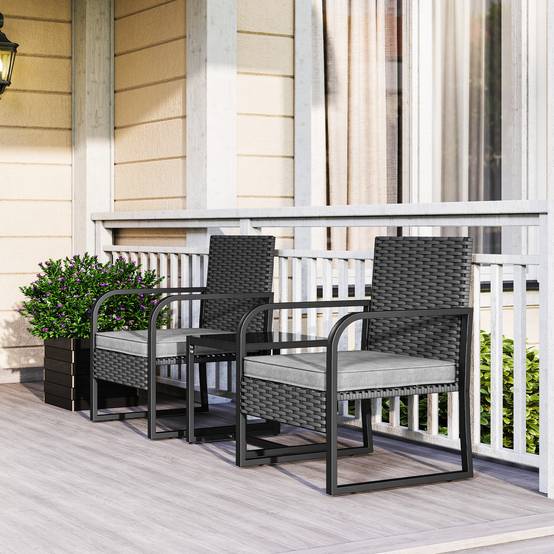 Petit Salon de Jardin Balcon Résine Tressée 2 Fauteuils Table Verre Gris Foncé Noir - ComfortXL Outdoor Living - Image 4
