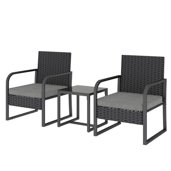 Petit Salon de Jardin Balcon Résine Tressée 2 Fauteuils Table Verre Gris Foncé Noir - ComfortXL Outdoor Living - Image 2