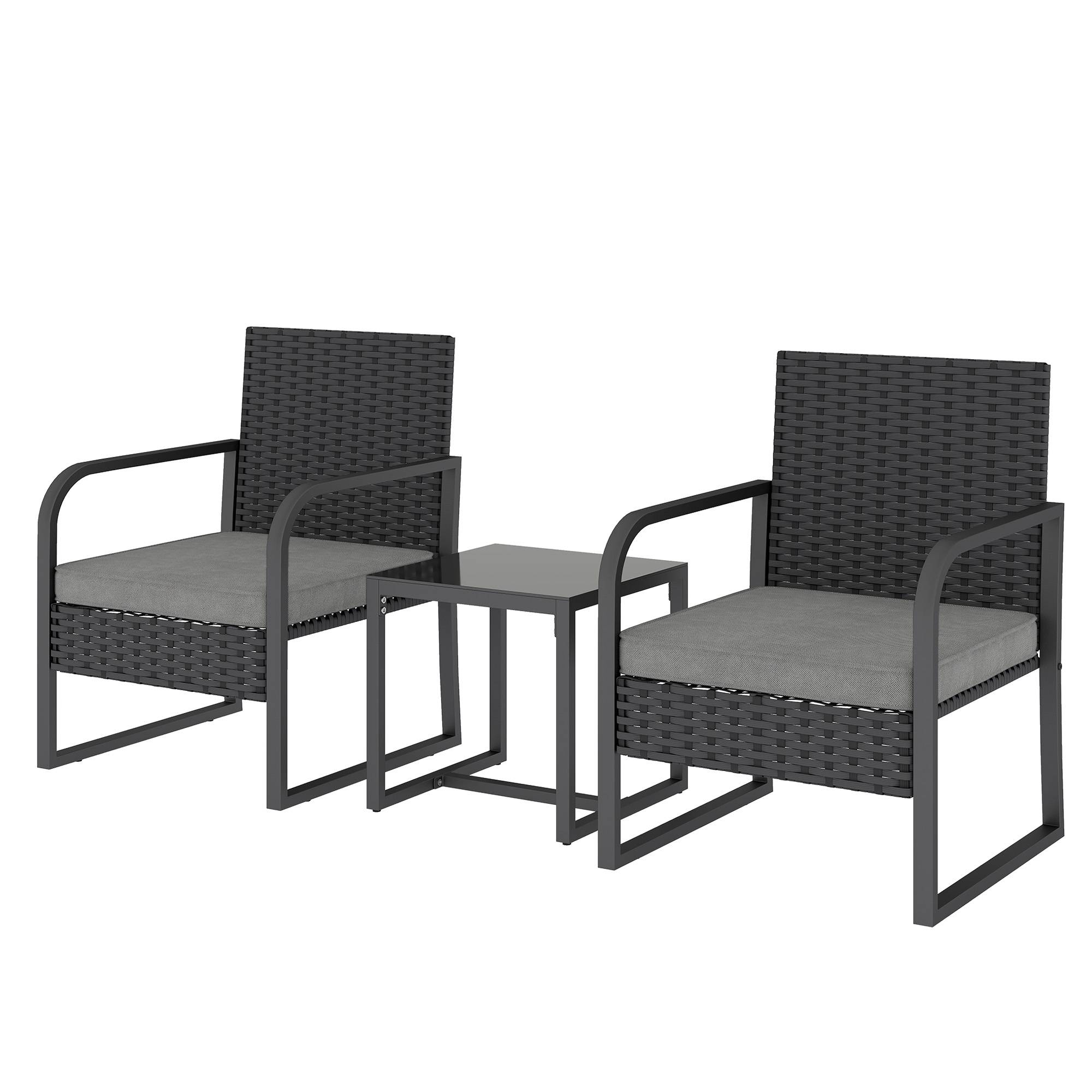 Petit Salon de Jardin Balcon Résine Tressée 2 Fauteuils Table Verre Gris Foncé Noir - ComfortXL Outdoor Living - Image 2