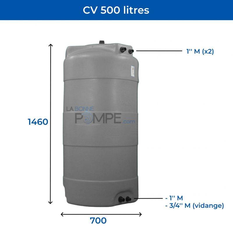Cuve récupération eau de pluie 500L - Réservoir aérien vertical Gris - Polyéthylène - ELBI CV - Image 2