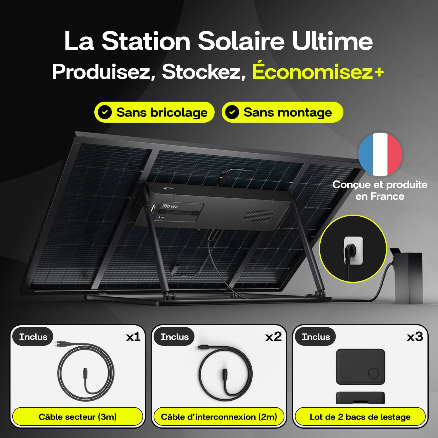 Sunology PLAY Max - Kit 3 panneaux solaires avec batterie (option) 1350W bifacial – Stations solaires livrées assemblées – Installation au sol ou mur - Imagen 2