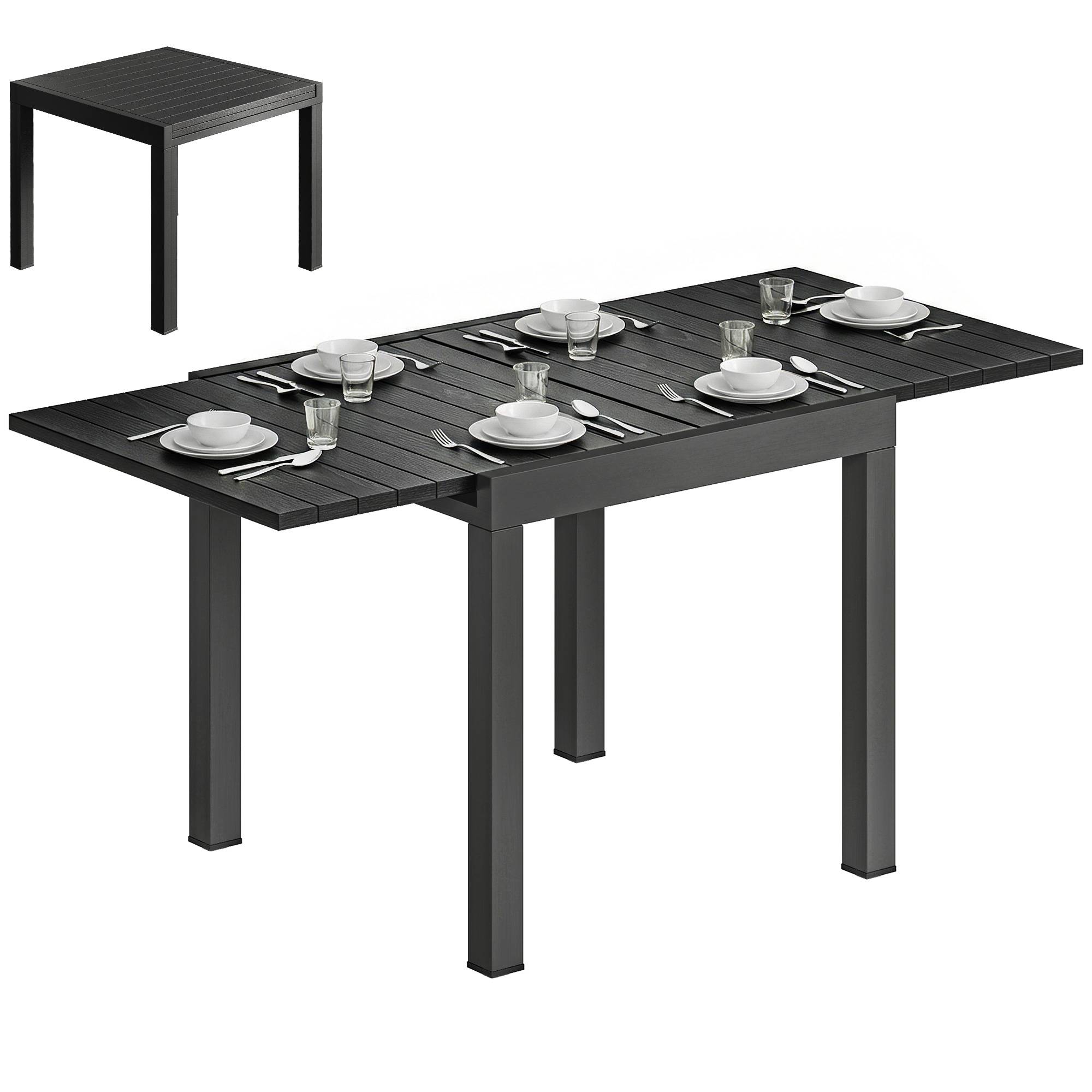 Table de jardin extensible pour 4-6 personnes avec rallonge auto-stockée aluminium avec effet bois 80-160 x 80 cm noir