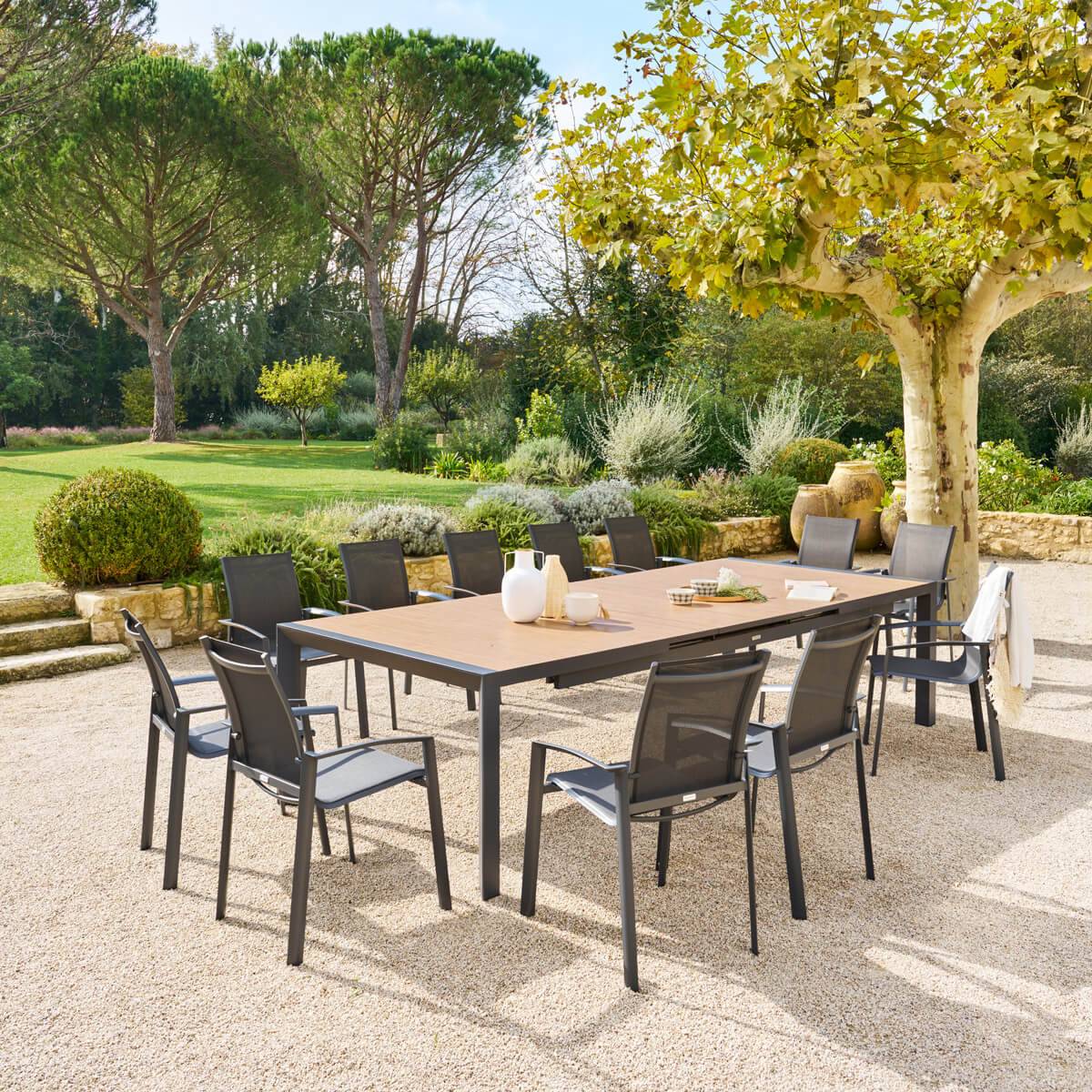 Hesperide - Table de jardin extensible "Évasion" effet bois honey & graphite 14 places lates en aluminium - Hespéride - Image 1