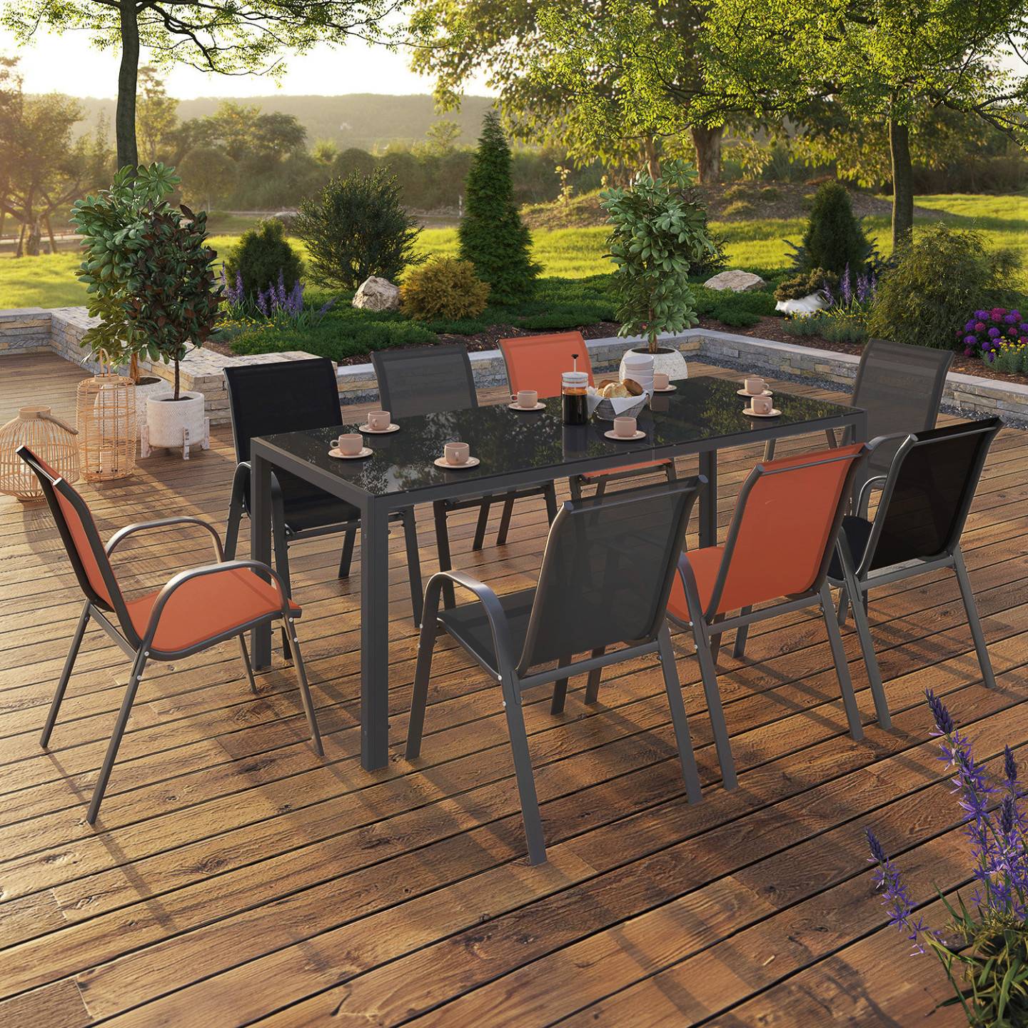 Salon de jardin table 190 cm + 8 chaises empilables mix color gris noir terracotta – MADRID – ID Market - Image 1