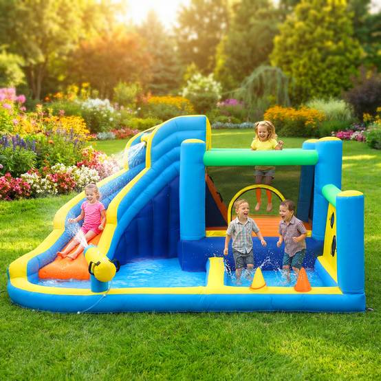 Château aquatique gonflable 8-en-1 souffleur 550W toboggan trampoline mur escalade piscines basket et anneaux - Image 4