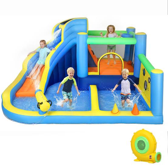 Château aquatique gonflable 8-en-1 souffleur 550W toboggan trampoline mur escalade piscines basket et anneaux - Image 2