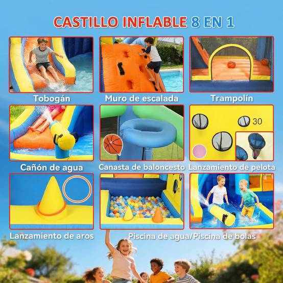 Château aquatique gonflable 8-en-1 souffleur 550W toboggan trampoline mur escalade piscines basket et anneaux - Image 6