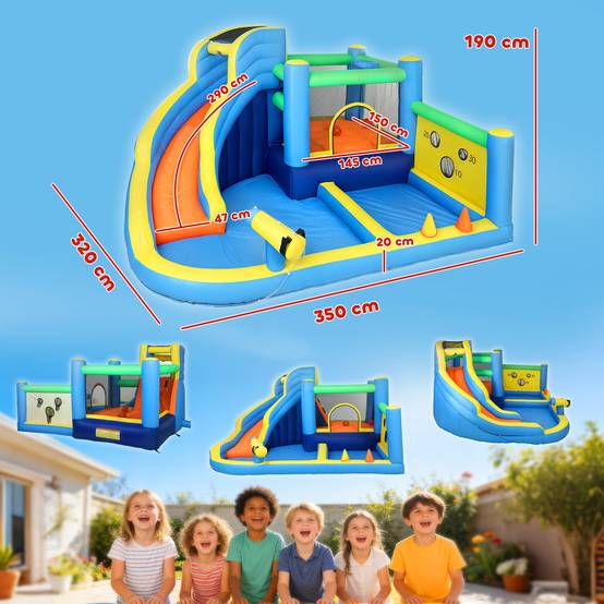Château aquatique gonflable 8-en-1 souffleur 550W toboggan trampoline mur escalade piscines basket et anneaux - Image 5