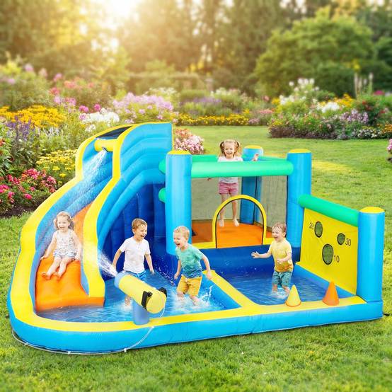 Château aquatique gonflable 8-en-1 souffleur 550W toboggan trampoline mur escalade piscines basket et anneaux - Image 3