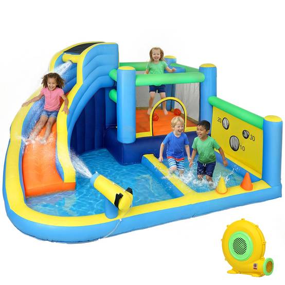 Château aquatique gonflable 8-en-1 souffleur 550W toboggan trampoline mur escalade piscines basket et anneaux - Image 1