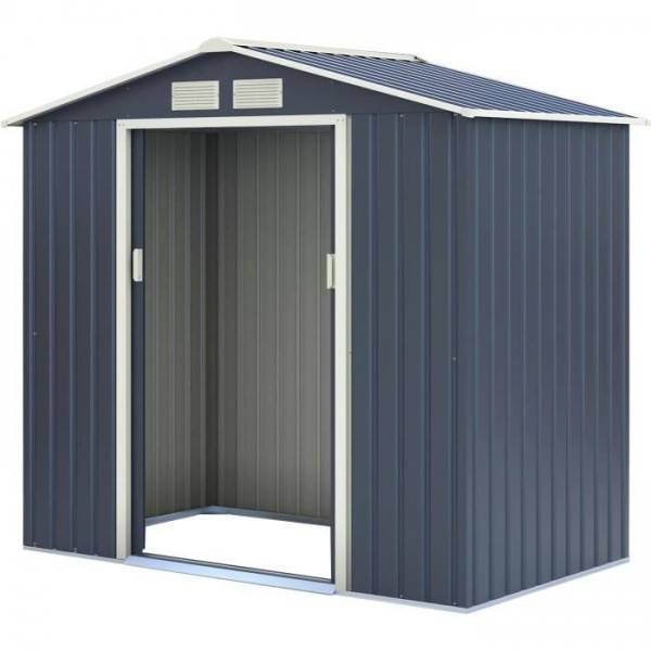 Sans Marque - Abri de jardin en métal 2,71 m² - 213 x 127 x 195 cm - PLUTON - Kit d'ancrage inclus, 2 portes coulissantes - Gris - Image 2