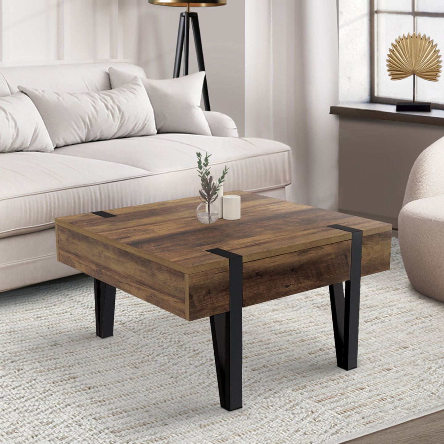 Table basse carrée 1 tiroir AUSTRIA 70 cm bois pied épingle noir - Image 2