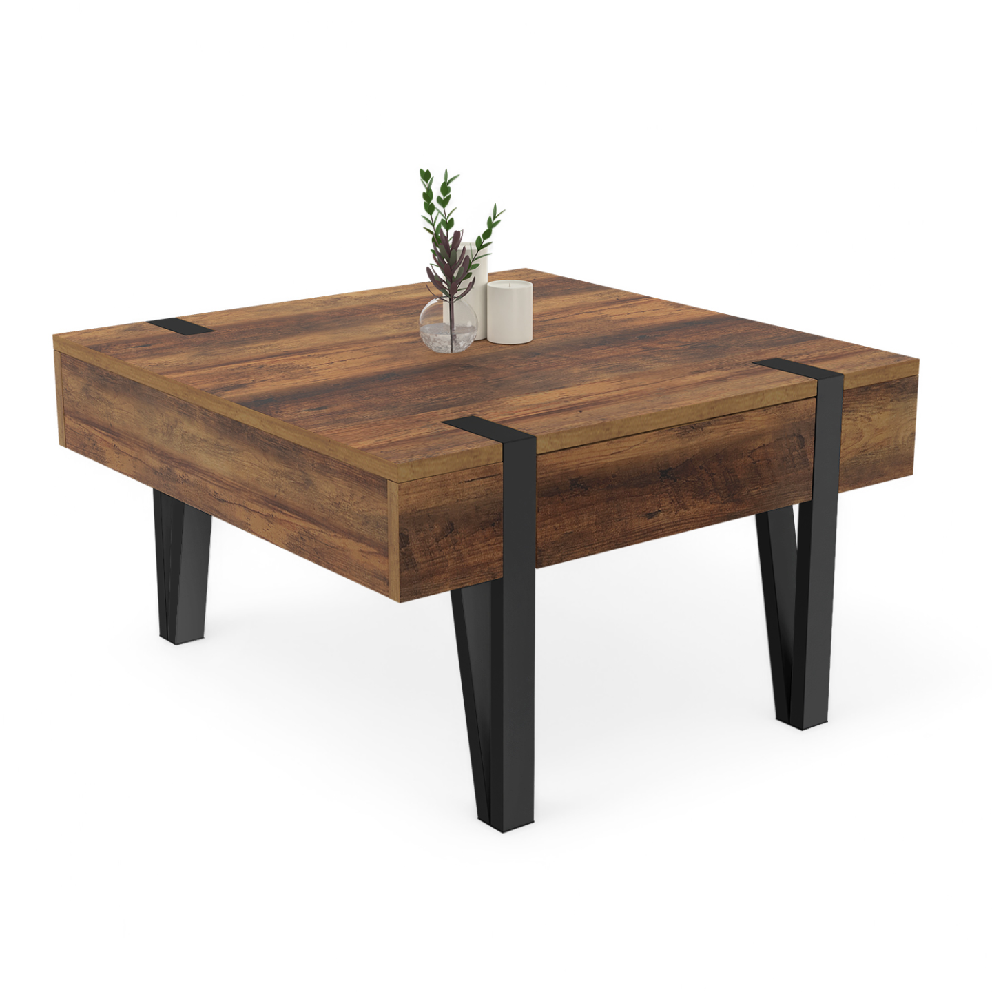 Table basse carrée 1 tiroir AUSTRIA 70 cm bois pied épingle noir - Image 1