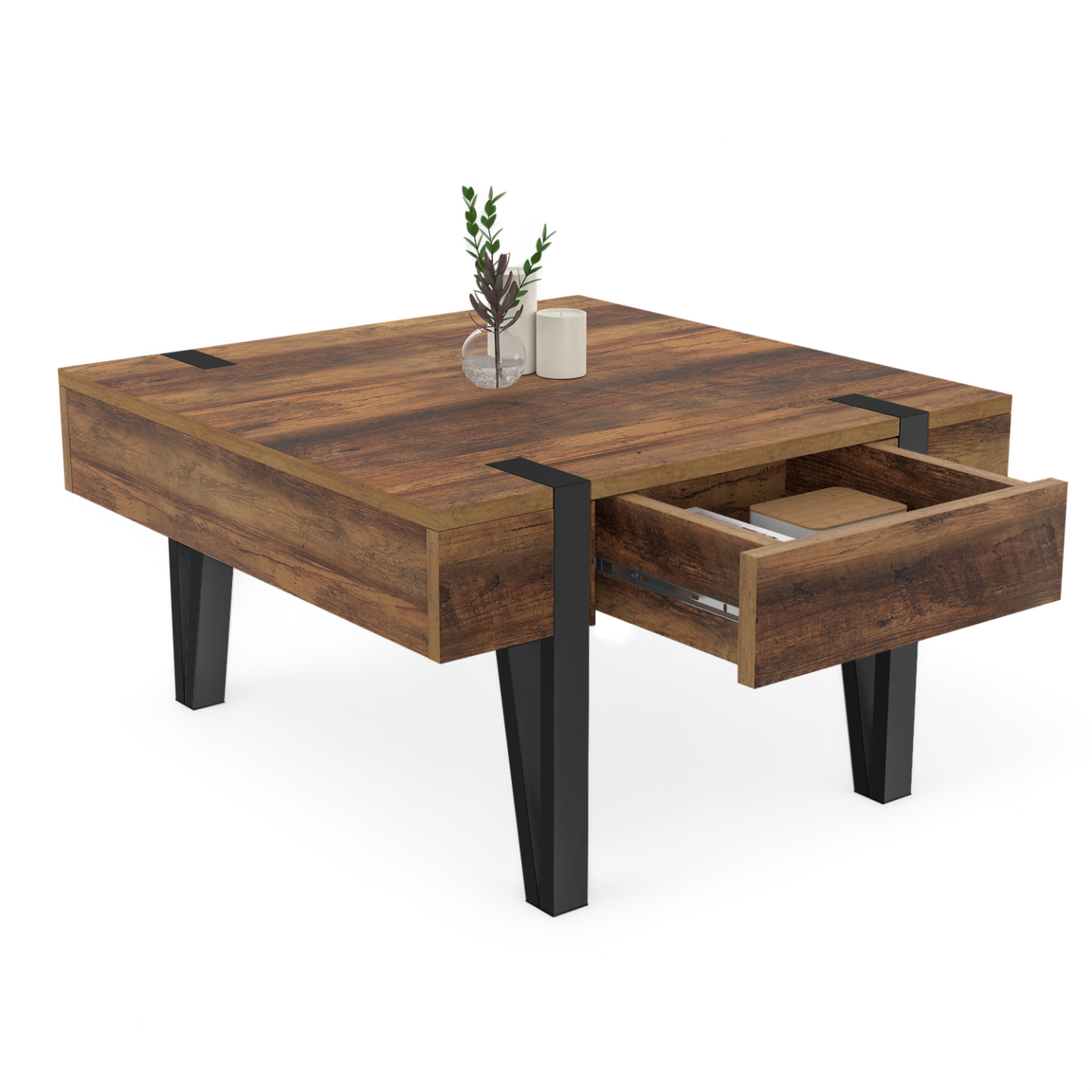 Table basse carrée 1 tiroir AUSTRIA 70 cm bois pied épingle noir - Image 4