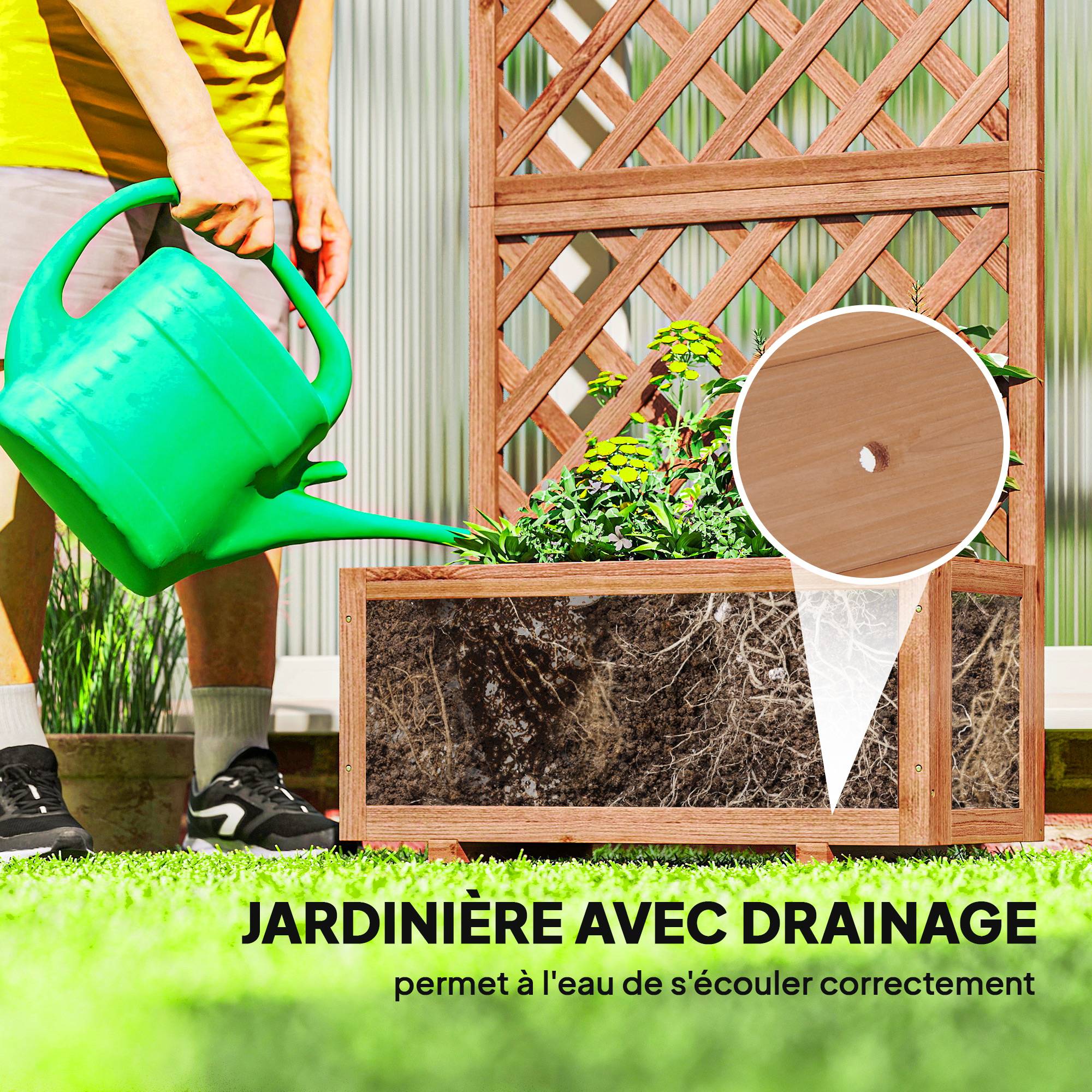 Outsunny - Jardinière avec Treillis sur Pied 72.5x31.5x149.5cm bac à fleurs inserts irrigation inclus bois sapin pré-huilé - Outsunny - Image 5