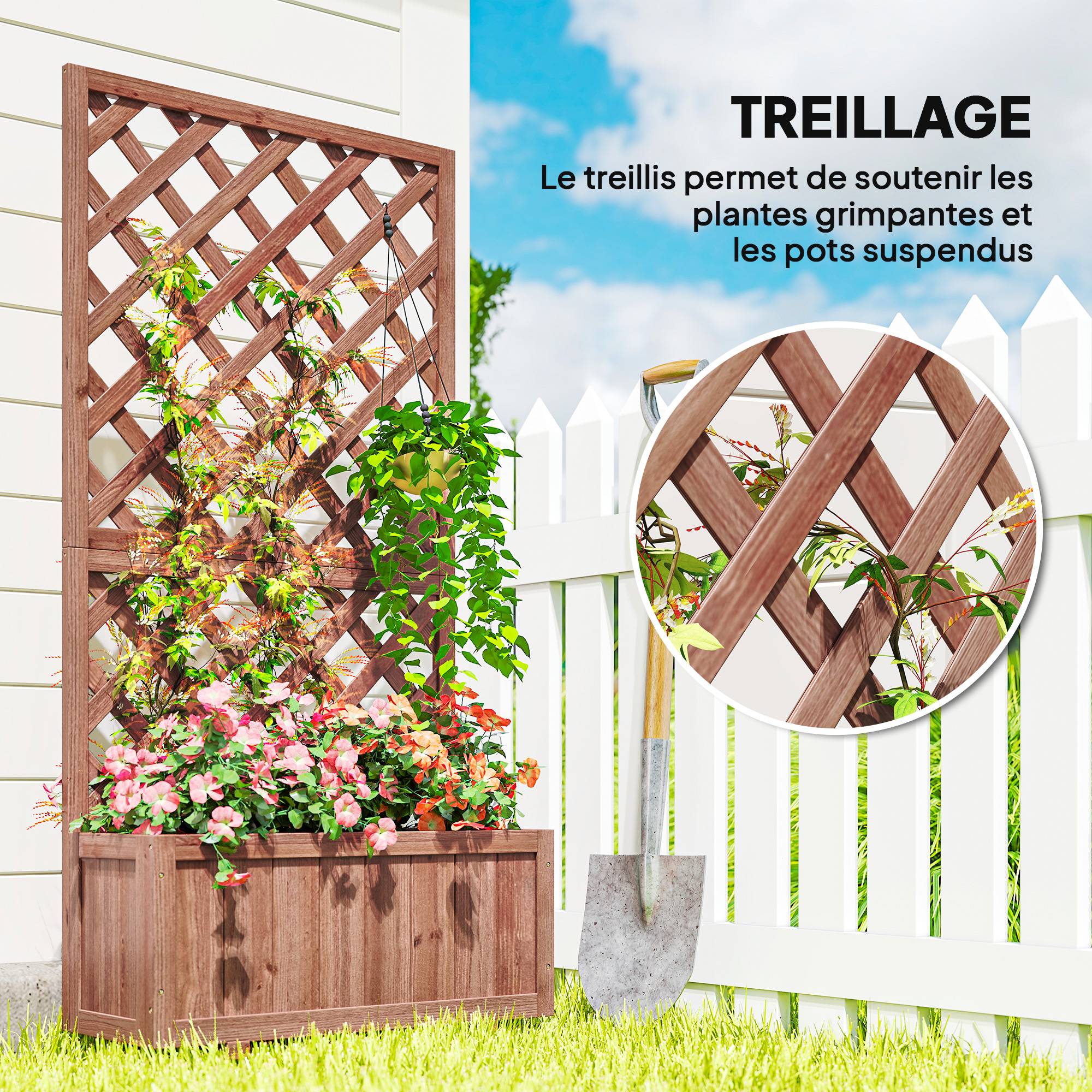 Outsunny - Jardinière avec Treillis sur Pied 72.5x31.5x149.5cm bac à fleurs inserts irrigation inclus bois sapin pré-huilé - Outsunny - Image 4
