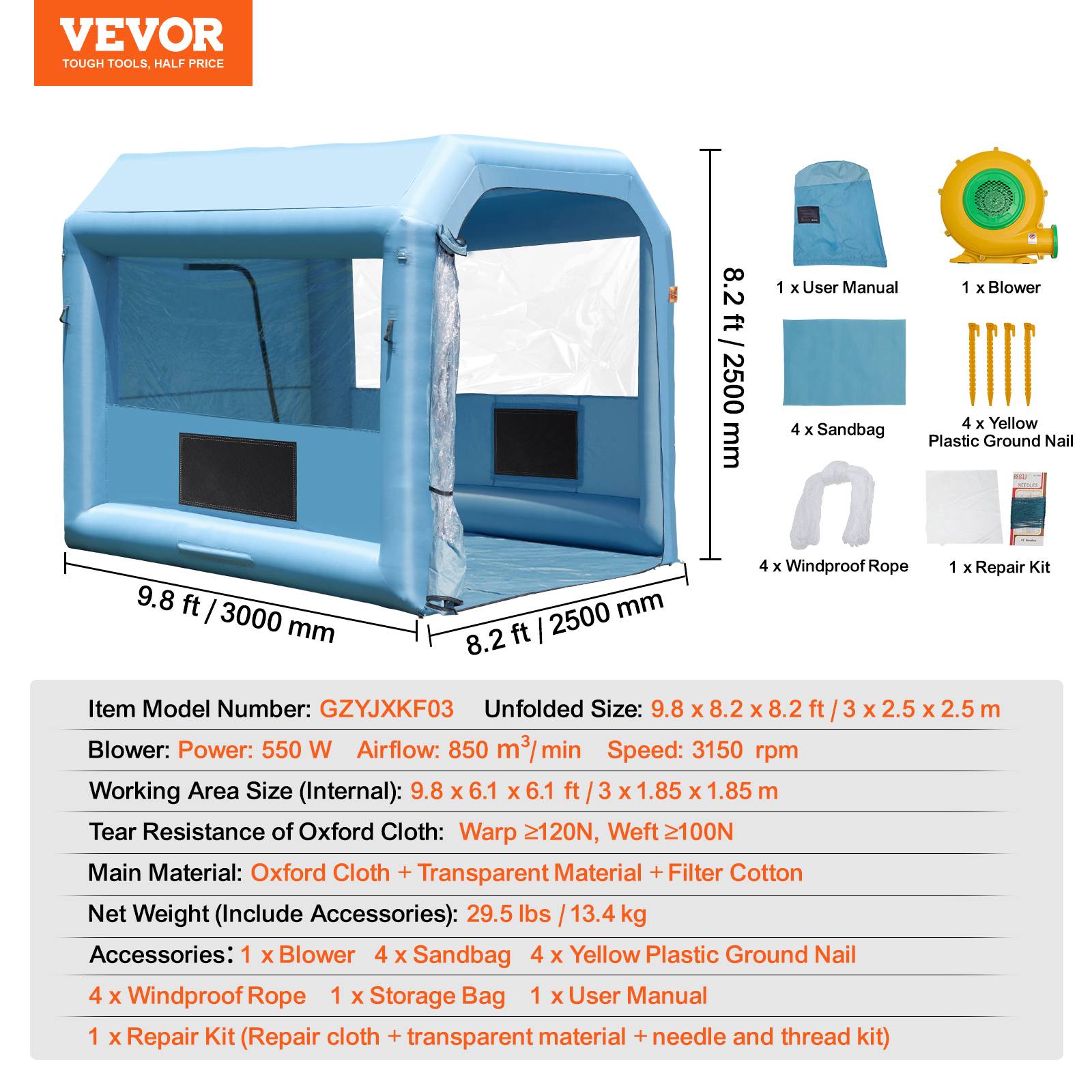 Vevor - VEVOR Cabine peinture gonflable 3x2.5x2.5m, souffleur 550W avec filtration, station atelier. - Image 7