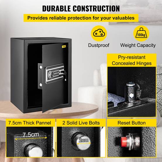 VEVOR Coffre-fort biométrique 60L, empreintes/combi/clés, acier anti-effraction, 4 types, noir. - Image 4