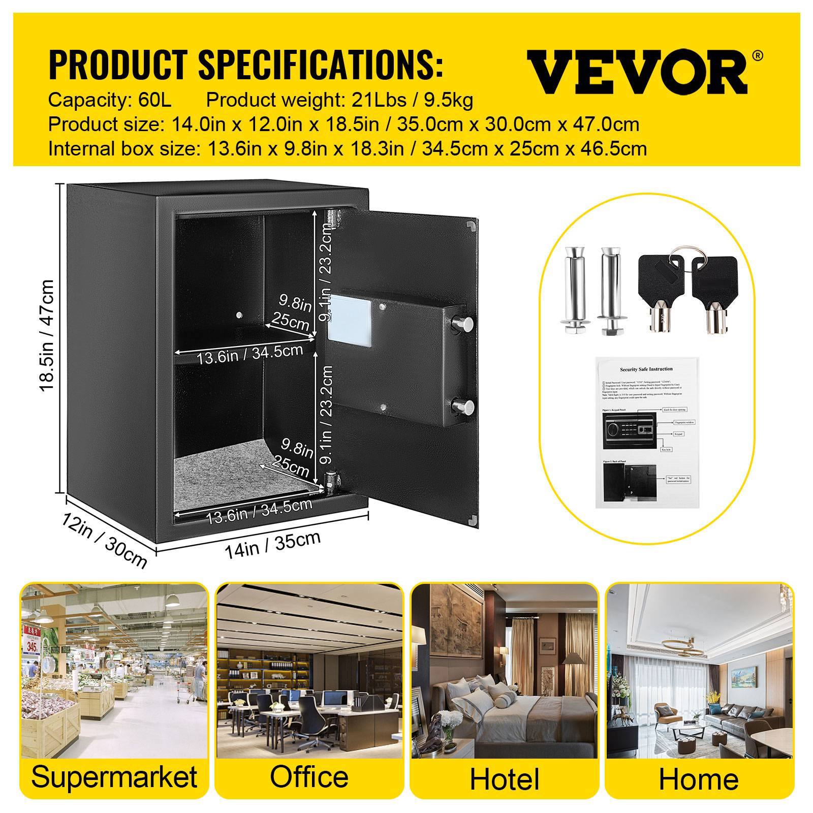 VEVOR Coffre-fort biométrique 60L, empreintes/combi/clés, acier anti-effraction, 4 types, noir. - Image 7