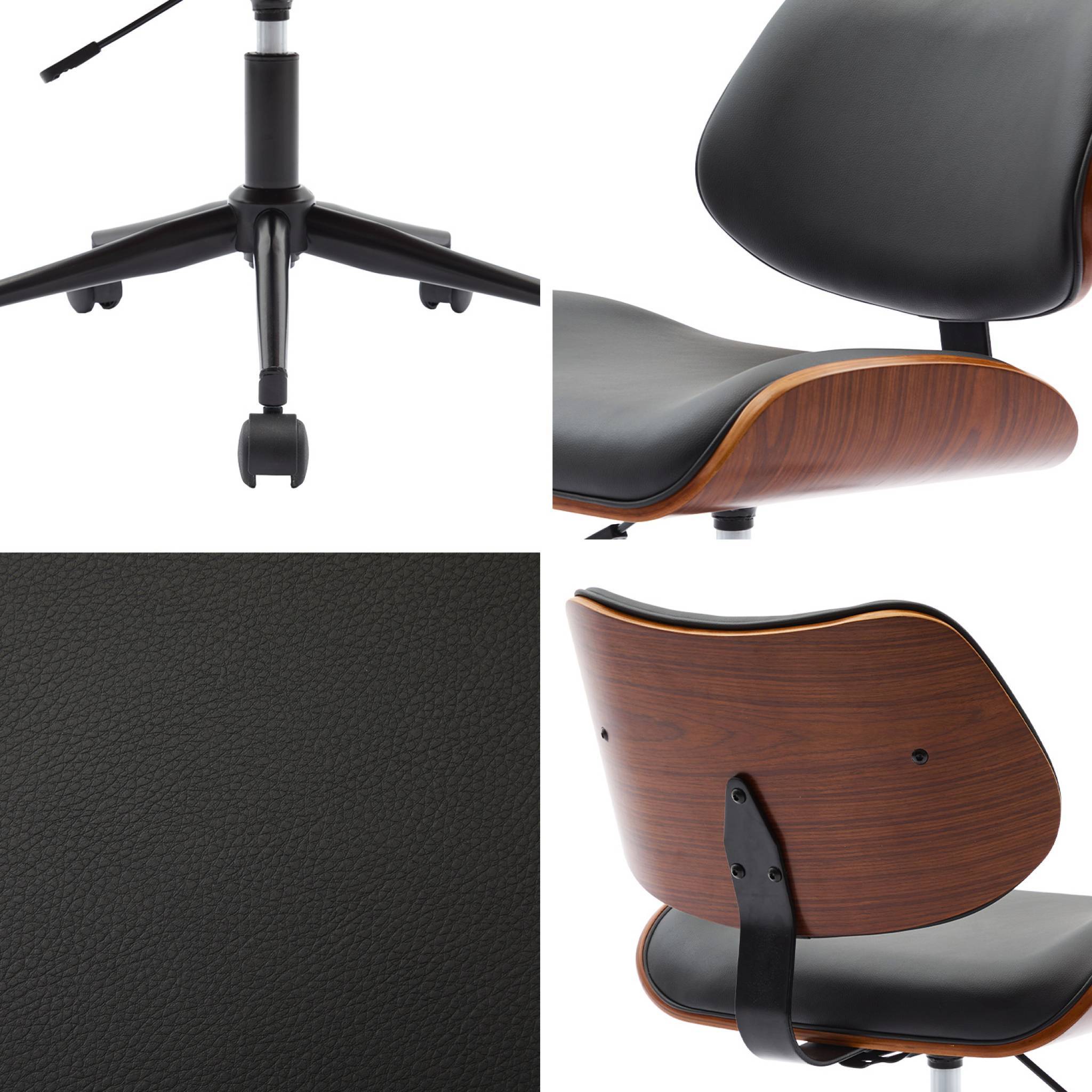 sweeek - Chaise de bureau à roulettes décor bois courbé placage effet noyer et simili cuir noir | sweeek - Image 7