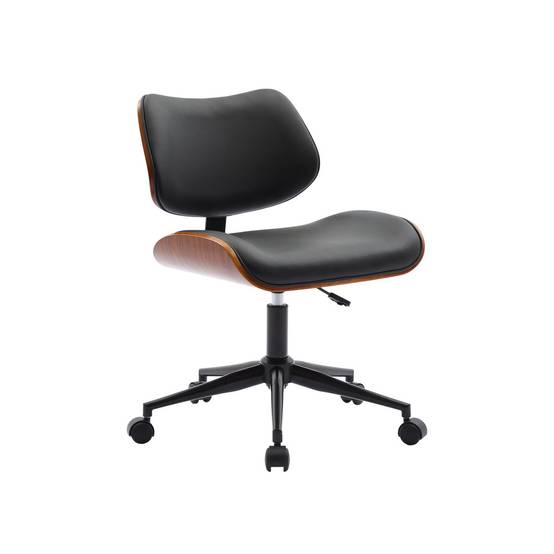 sweeek - Chaise de bureau à roulettes décor bois courbé placage effet noyer et simili cuir noir | sweeek - Image 2