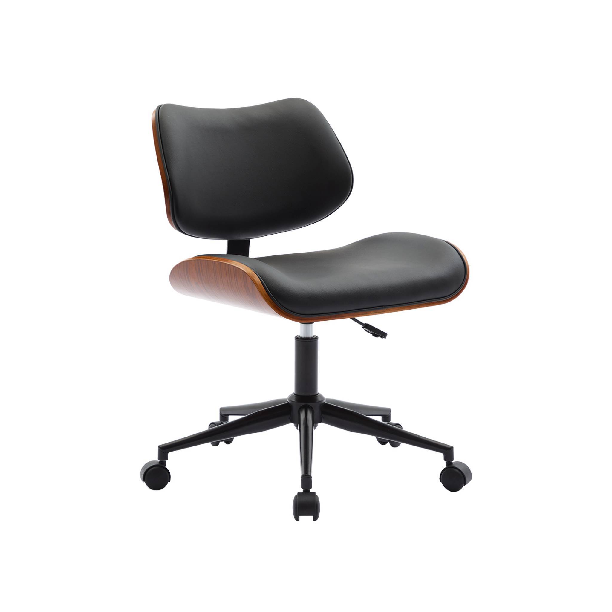 sweeek - Chaise de bureau à roulettes décor bois courbé placage effet noyer et simili cuir noir | sweeek - Image 2