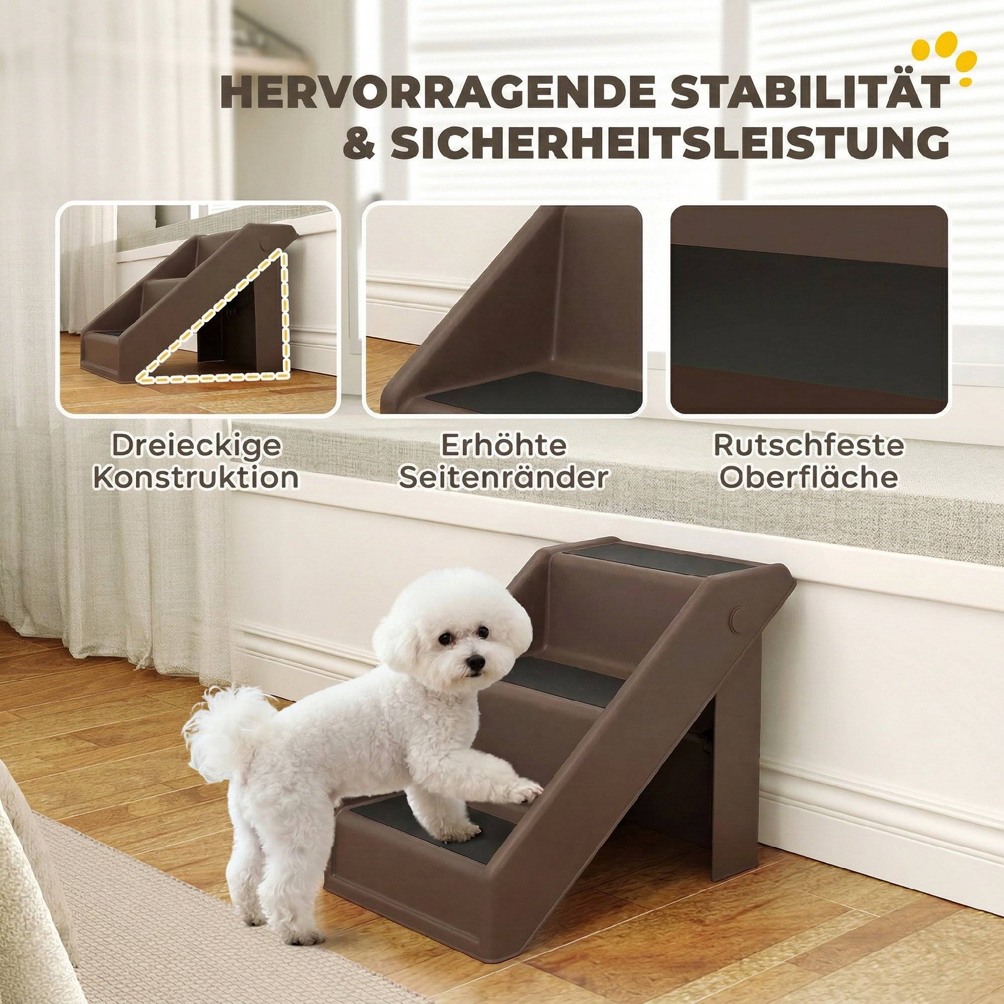 Escalier chien 3 marches 36,5 cm haut, petits chiens, pliable, lit, canapé, voiture, marron - Image 6