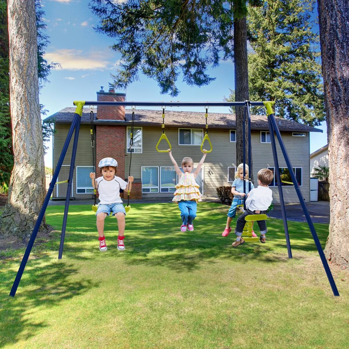 AIYAPLAY 3 en 1 Portique de balançoire Outdoor avec Tente de Jeu, balançoire et Anneaux de Gymnastique, balançoire pour Enfants avec châssis métallique, balançoire de Jardin pour Enfants Vert AIYAPLAY 3 en 1 Portique de balançoire Outdoor avec Tente de Jeu, balançoire et Anneaux de Gymnastique, balançoire pour Enfants avec châssis métallique, balançoire de Jardin pour Enfants Vert