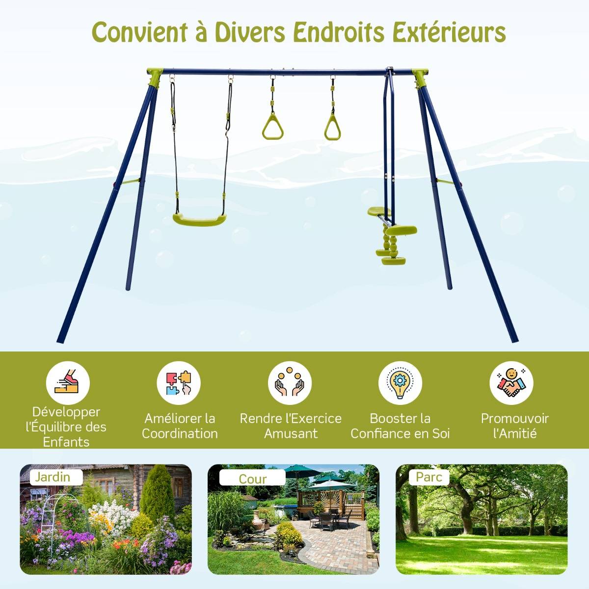 AIYAPLAY Balançoire 3-en-1 Enfants +3 Ans – Avec Tente, Anneaux De Gymnastique Et Cadre Métal Vert – Idéale Jardin Extérieur
