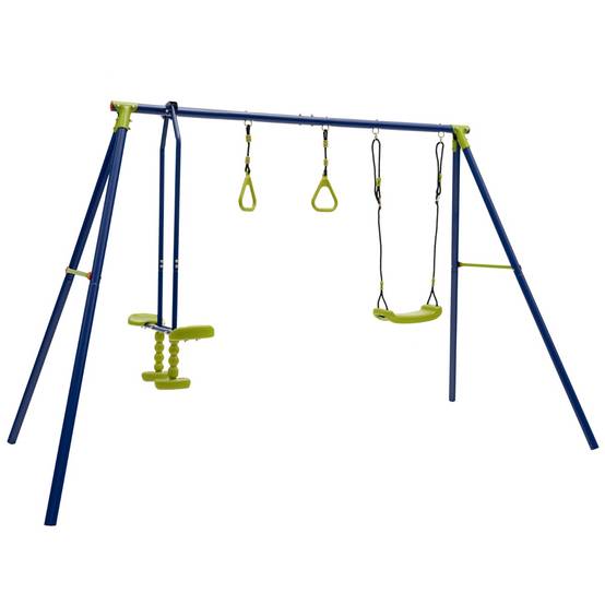 Balançoire Jardin 3 En 1 AIYAPLAY Enfants +3 Ans – Avec Tente, Anneaux Gymnastique & Cadre Métal, Vert – Jusqu'à 4 Enfants