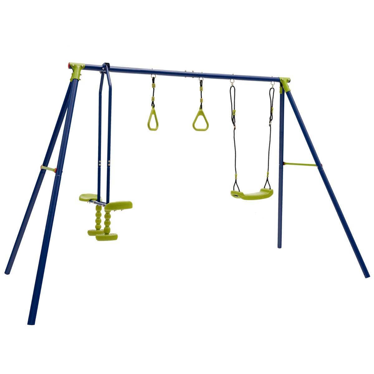 Balançoire Jardin 3 En 1 AIYAPLAY Enfants +3 Ans – Avec Tente, Anneaux Gymnastique & Cadre Métal, Vert – Jusqu'à 4 Enfants