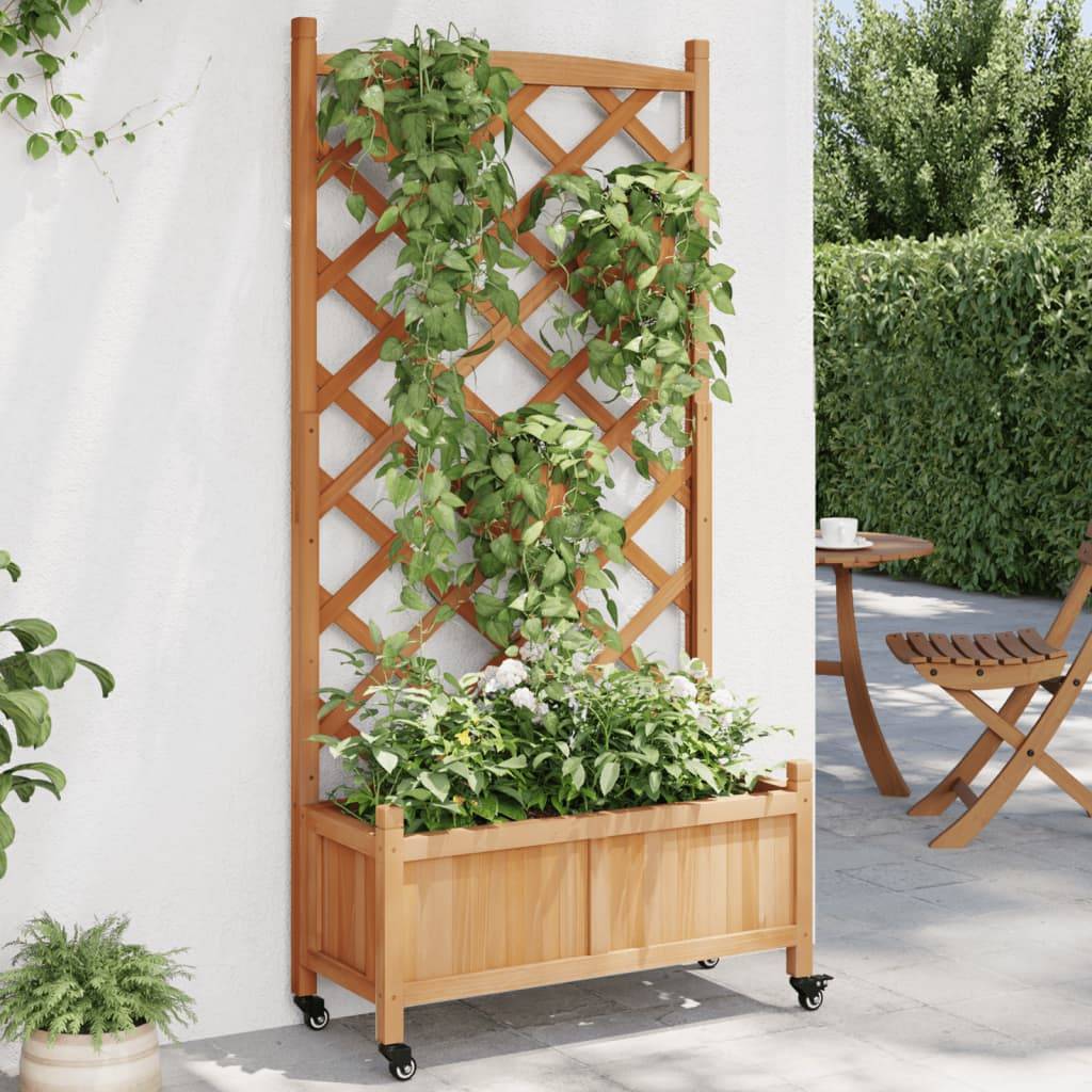 Maison Chic - Jardinière avec treillis - Pot De Fleurs et roues marron bois massif de sapin - Imagen 2