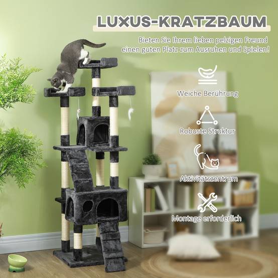Arbre à Chat XXL Griffoir Sisal Multi-niveaux avec Nichoirs Échelles 173cm Gris - ComfortXL Pet Living - Image 4