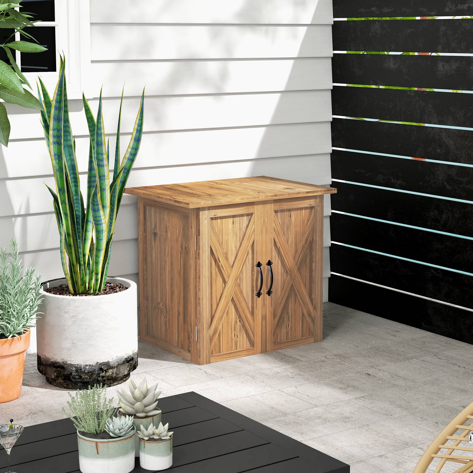 Abri jardin, double porte, fermetures magnétiques, bois naturel, 77l x 55p x 72h cm, brun - Image 3