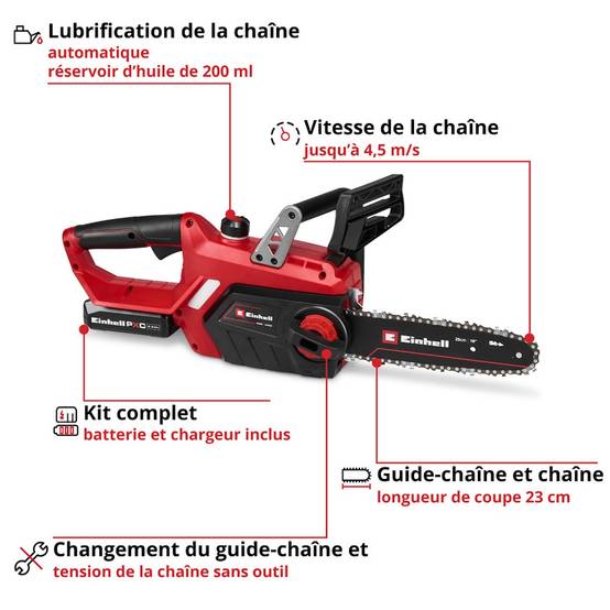 Einhell - Tronçonneuse sans fil - GE-LC 18/25-1 Li Kit 18 V - guide 25 cm - batterie 2,5 Ah - Image 5