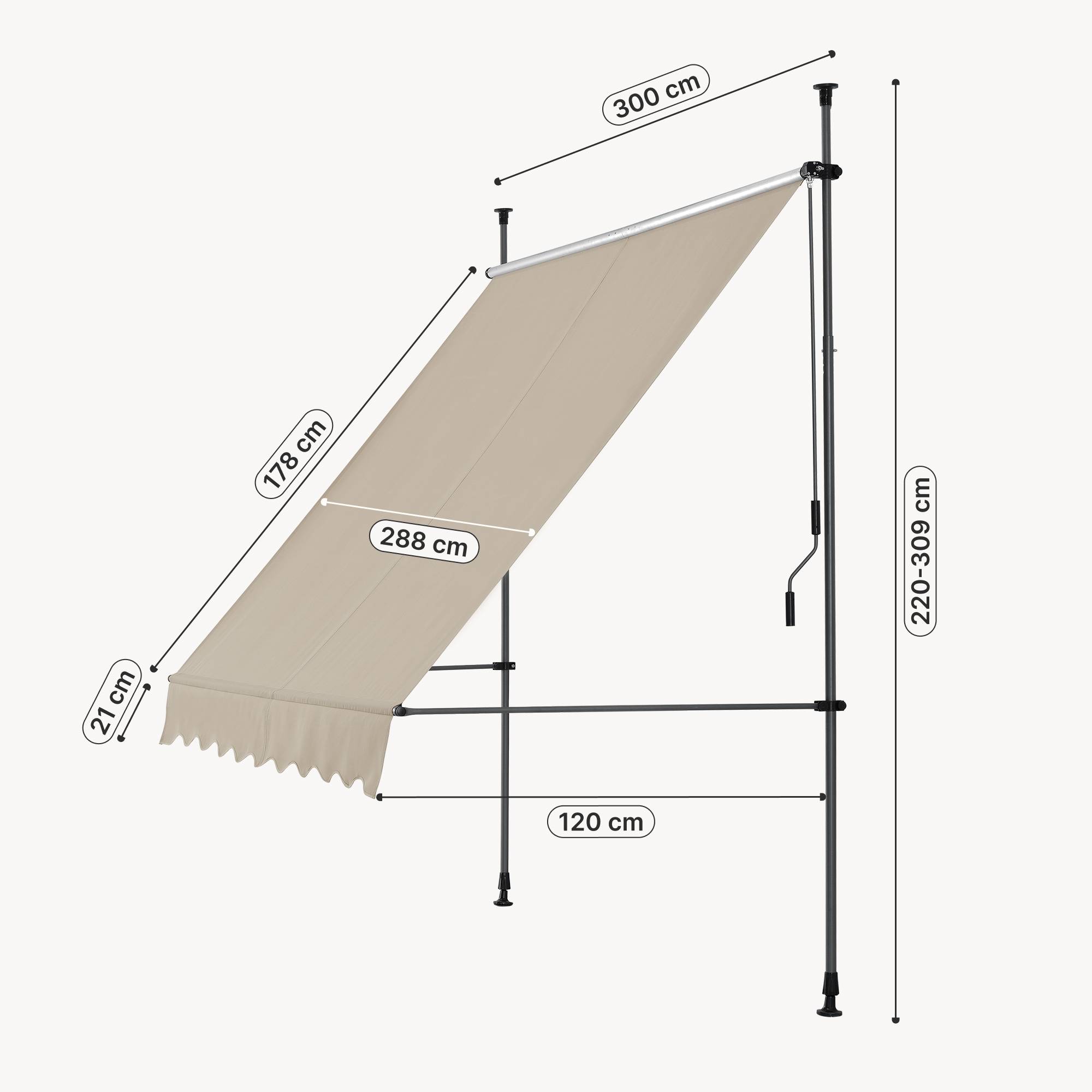 Pro.Tec - Store Banne Manuel Auvent Téléscopique 300 x 120 x 220-309 cm Sable  [pro.tec] - Imagen 3