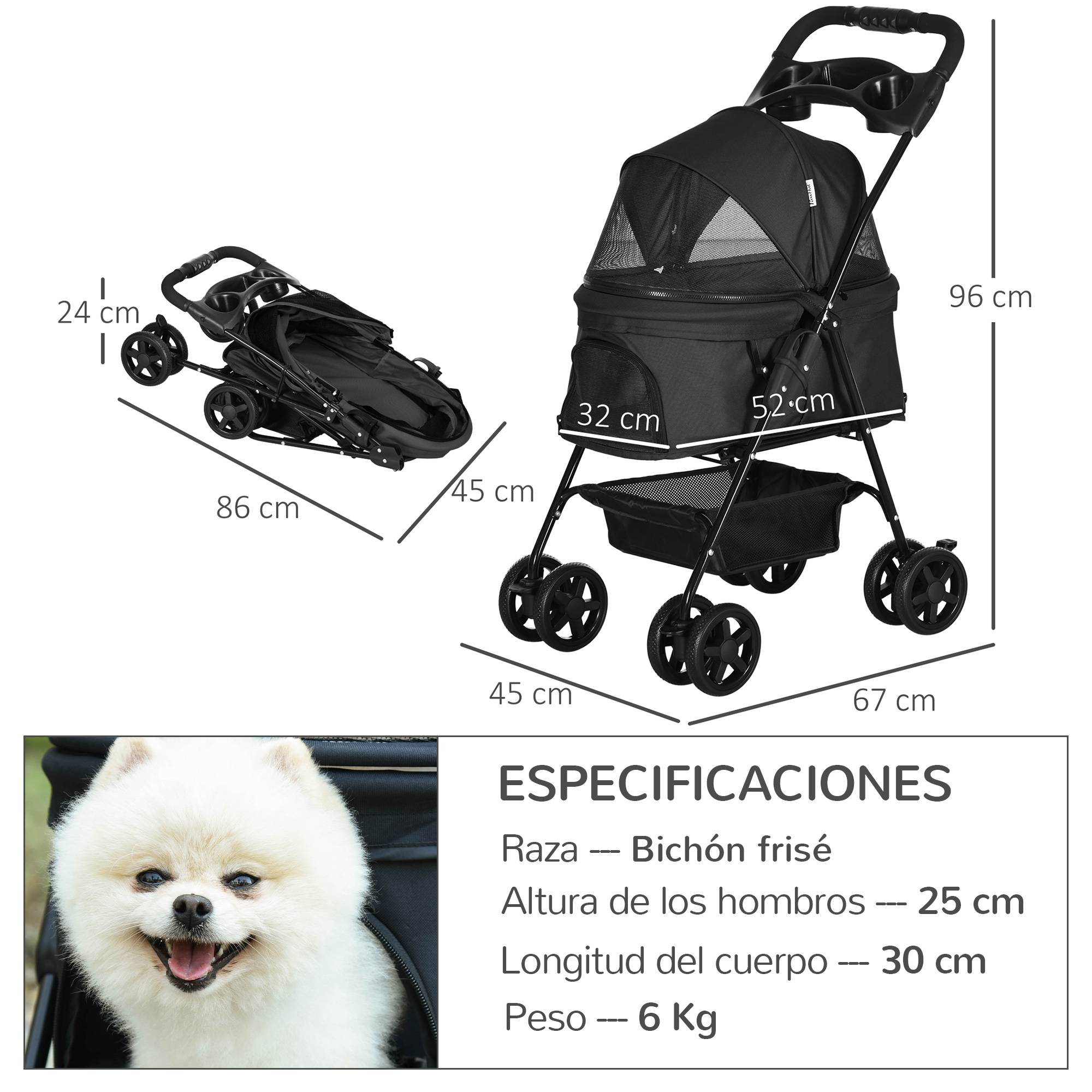 Poussette pliable pour chien avec roues universelles, panier de rangement, fenêtres en filet et plateau, 67 x 45 x 96 cm, noire - Image 5