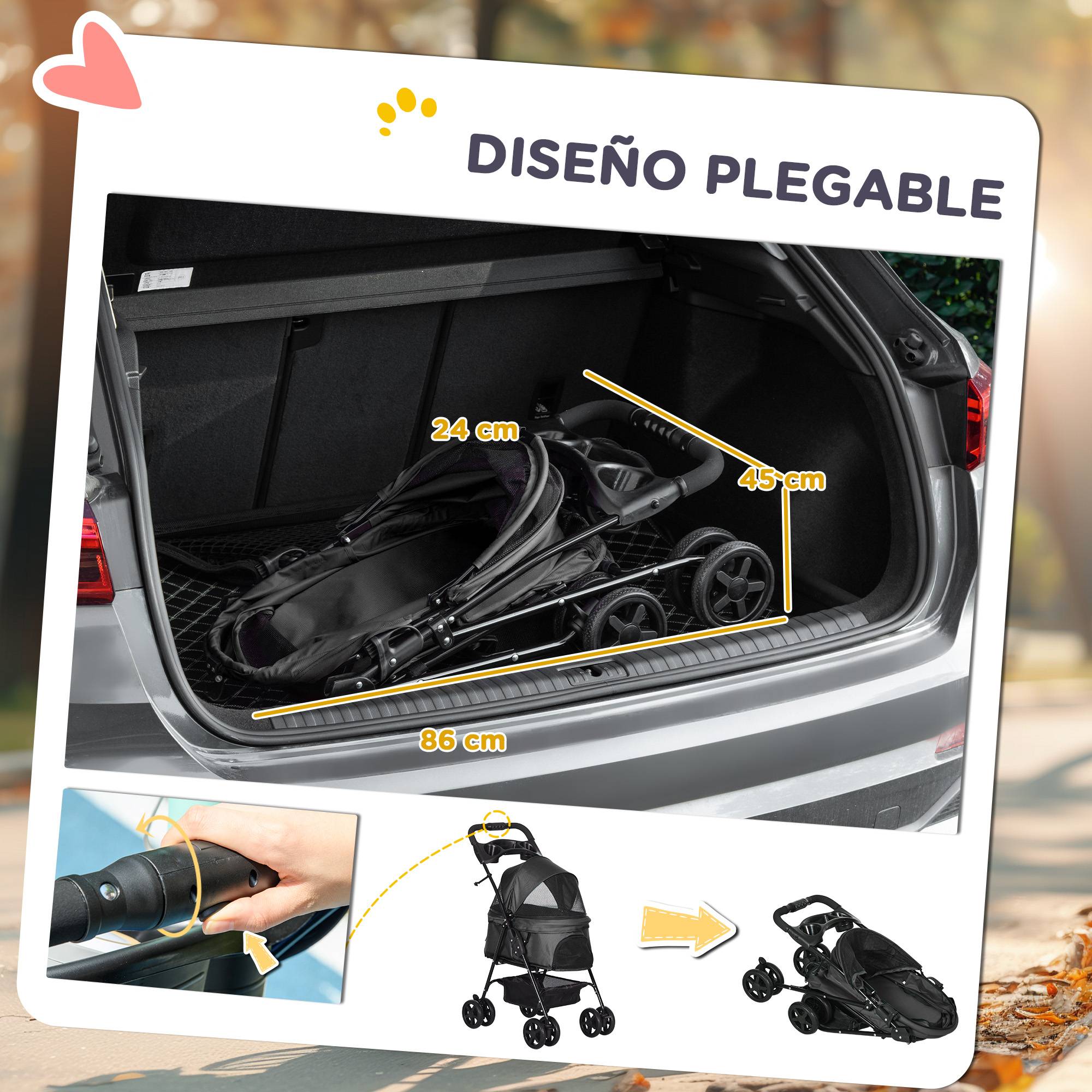 Poussette pliable pour chien avec roues universelles, panier de rangement, fenêtres en filet et plateau, 67 x 45 x 96 cm, noire - Image 7