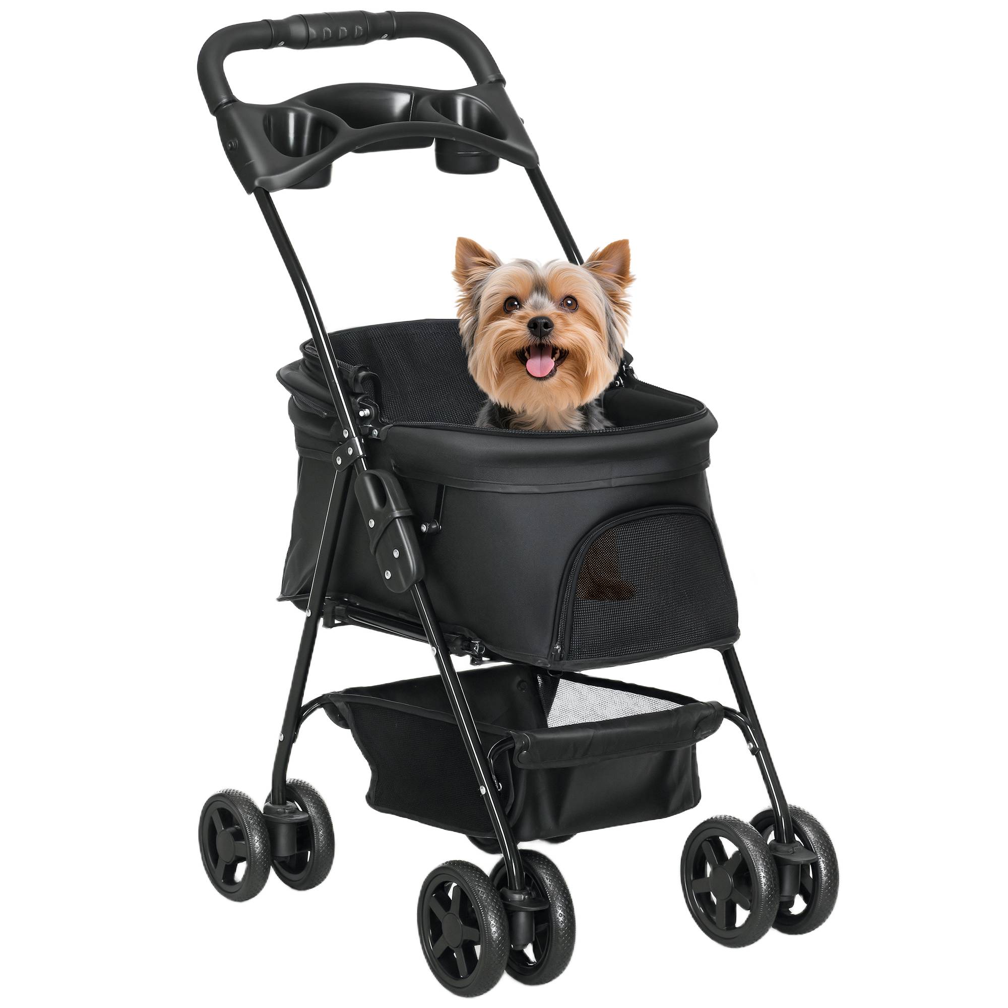 Poussette pliable pour chien avec roues universelles, panier de rangement, fenêtres en filet et plateau, 67 x 45 x 96 cm, noire - Image 1