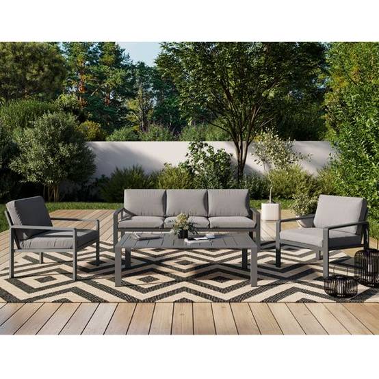 Salon de jardin DINA 5 places aluminium gris foncé et coussins gris clair Beau Rivage - Image 2