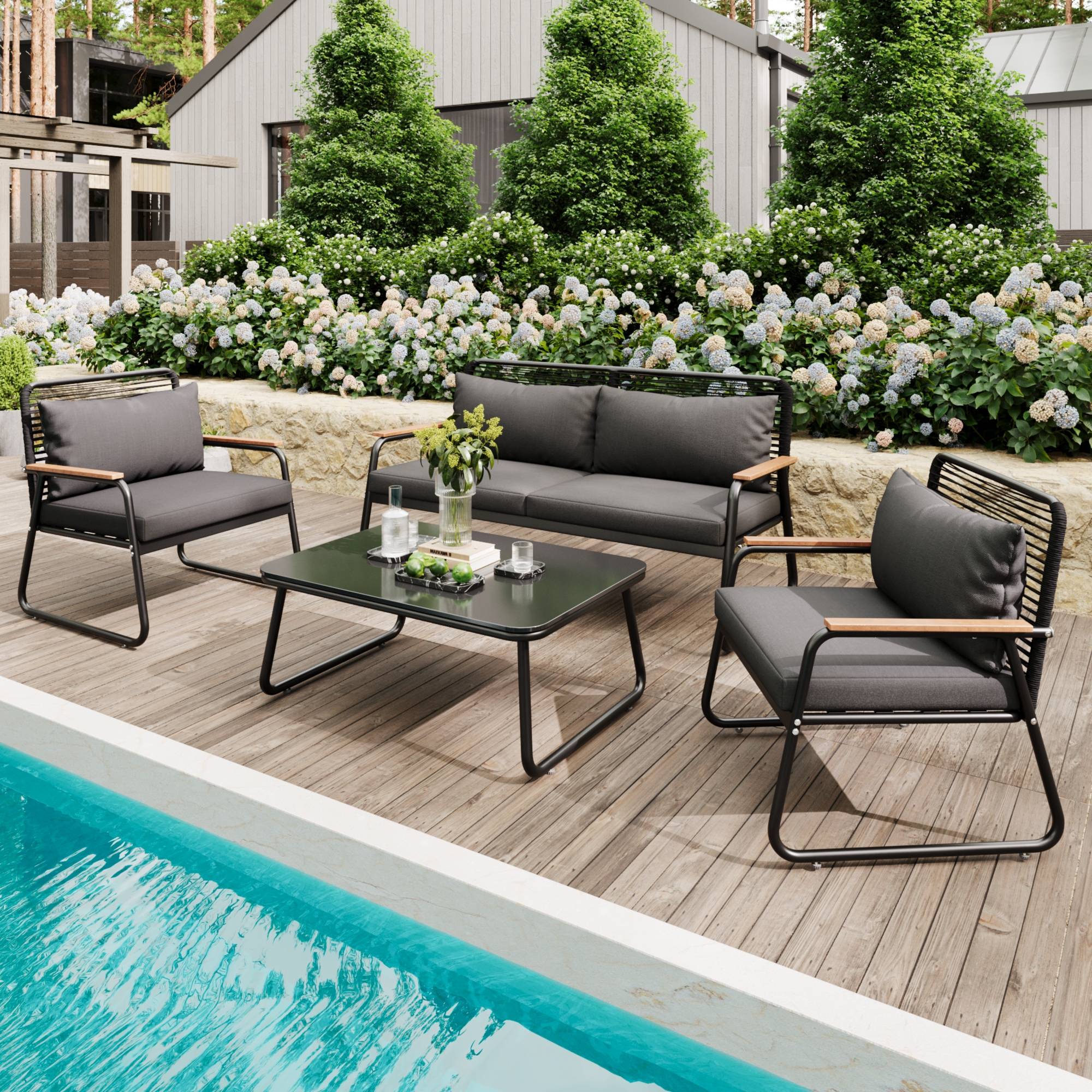 Ensemble jardin 4 places : canapé + table, fer galvanisé, plateau verre, pieds réglables, coussins inclus, noir - Image 1