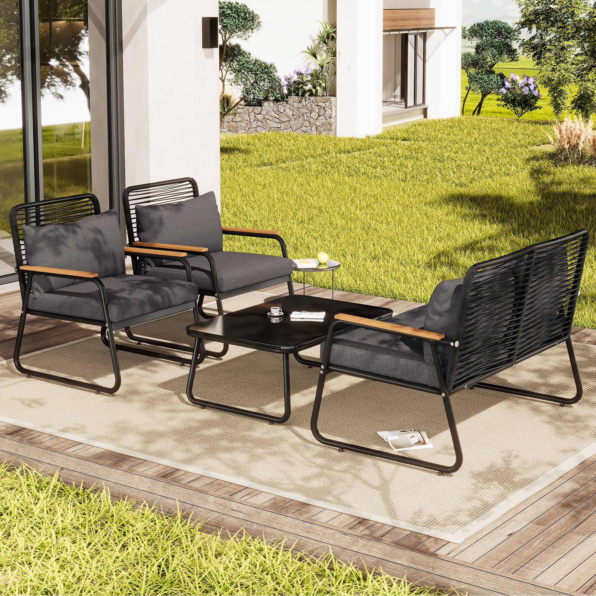 Ensemble jardin 4 places : canapé + table, fer galvanisé, plateau verre, pieds réglables, coussins inclus, noir - Image 4